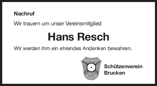 Nachruf Hans Resch <br><p style=