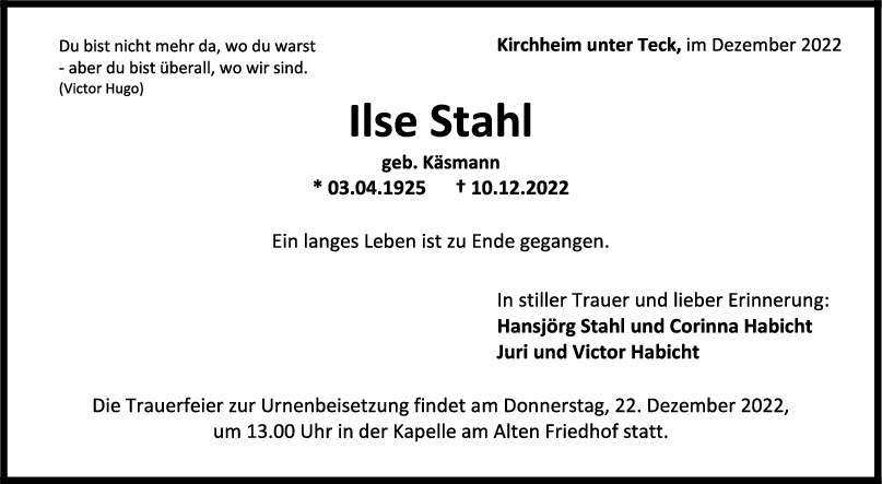 Trauer Ilse Stahl 16/12/2022