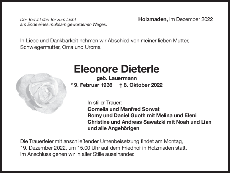 Trauer Elenore Dieterle 17/12/2022