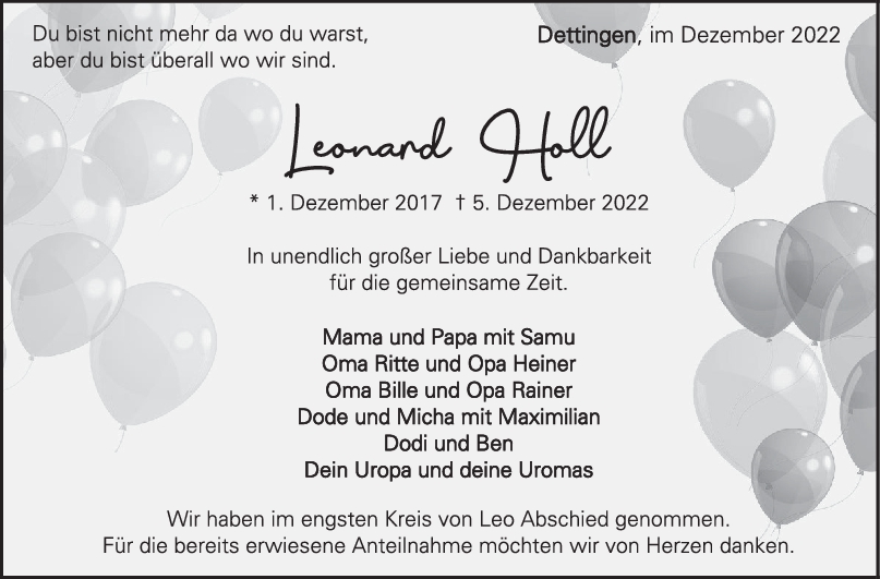 Trauer Leonard Holl 17/12/2022
