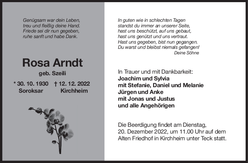 Trauer Rosa Arndt 17/12/2022