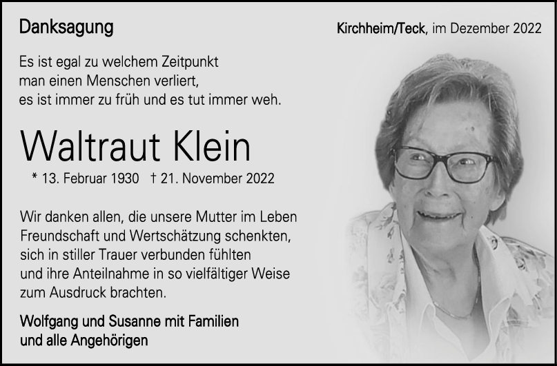 Danksagung Waltraut Klein 21/12/2022