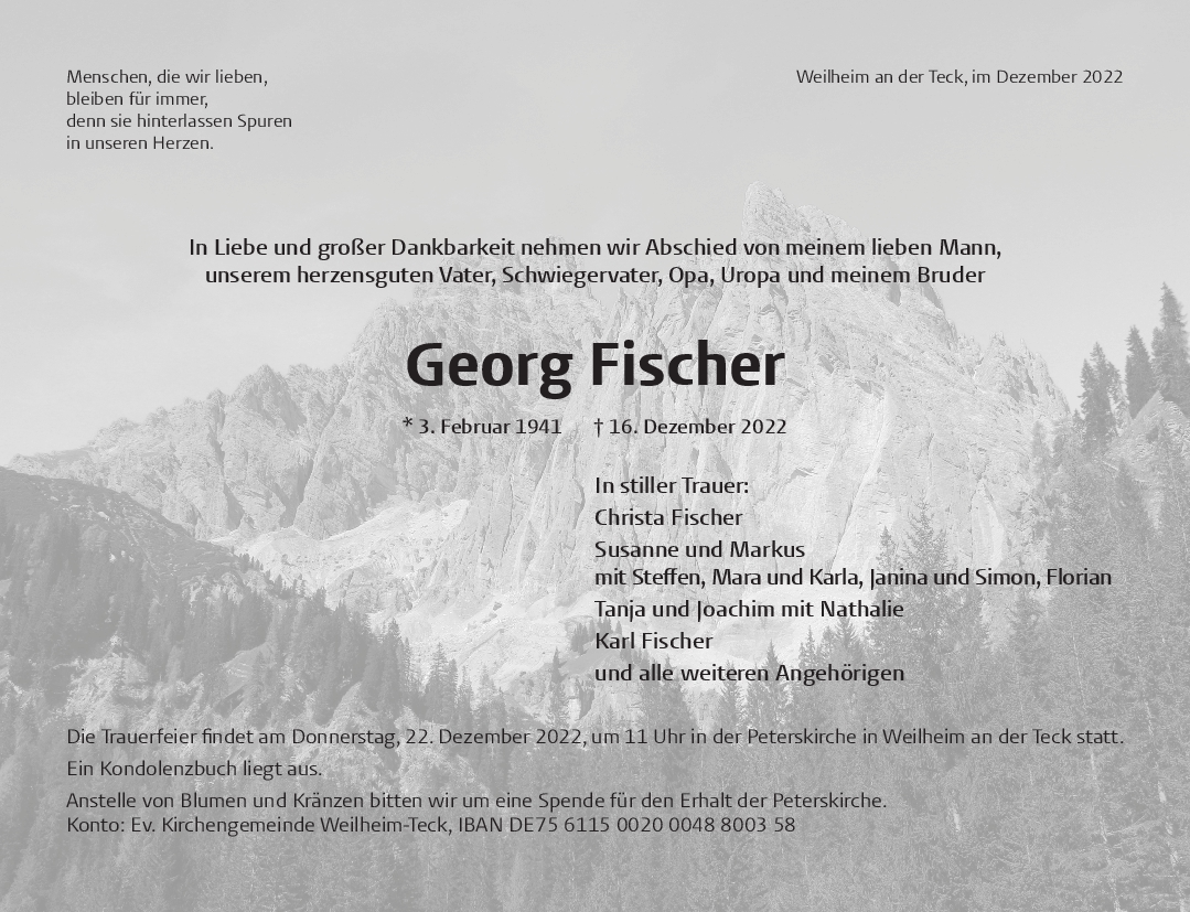 Trauer Georg Fischer 20/12/2022