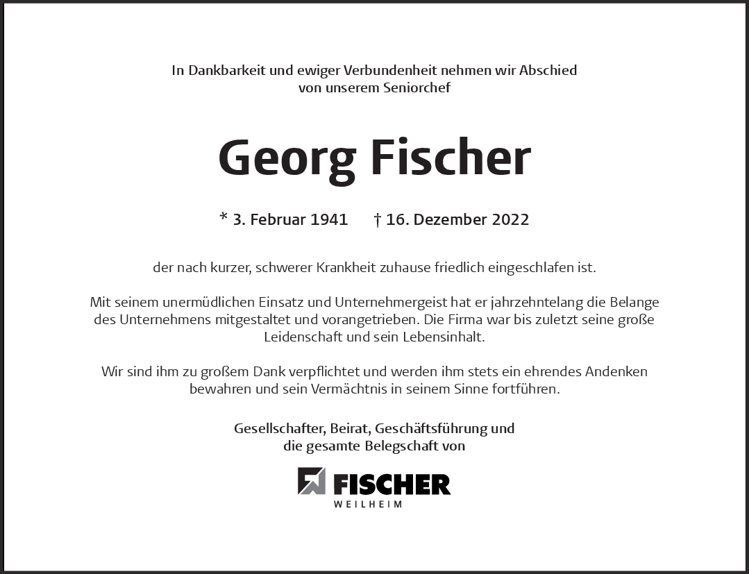 Nachruf Georg Fischer 20/12/2022