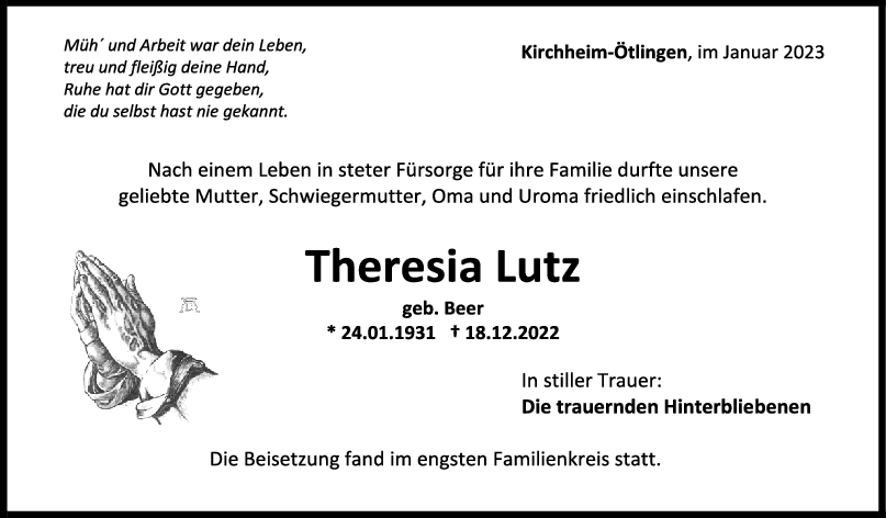 Trauer Theresia Lutz 07/01/2023