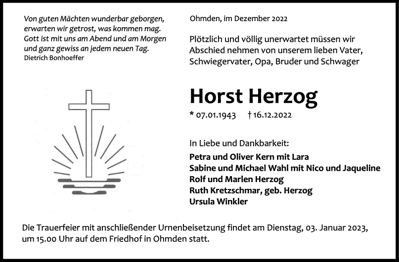 Trauer Horst Herzog 24/12/2022