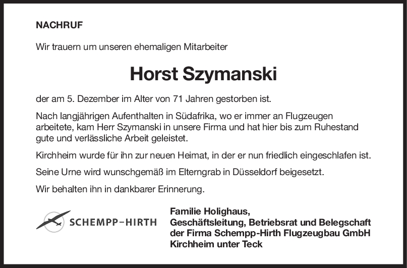 Nachruf Horst Szymanski <br><p style=