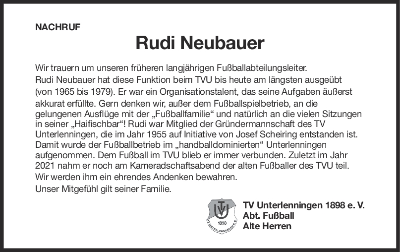 Nachruf Rudi Neubauer <br><p style=