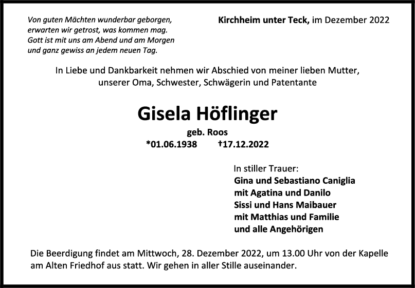 Trauer Gisela Höflinger 24/12/2022