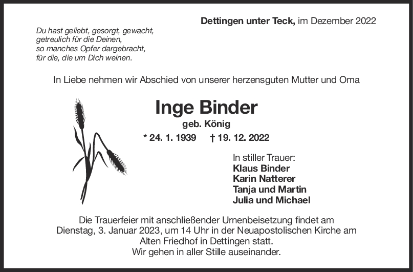 Trauer Inge Binder 28/12/2022