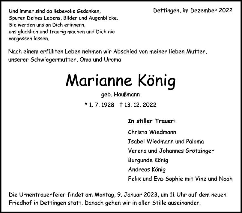 Trauer Marianne König 31/12/2022