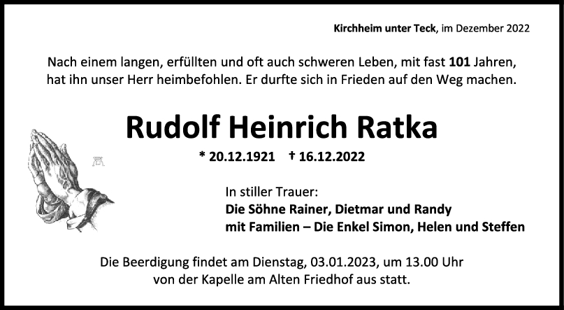 Trauer Rudolf Ratka 28/12/2022