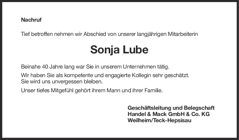 Nachruf Sonja Lube <br><p style=