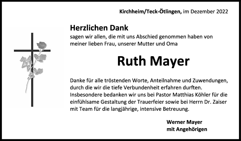 Danksagung Ruth Mayer 30/12/2022
