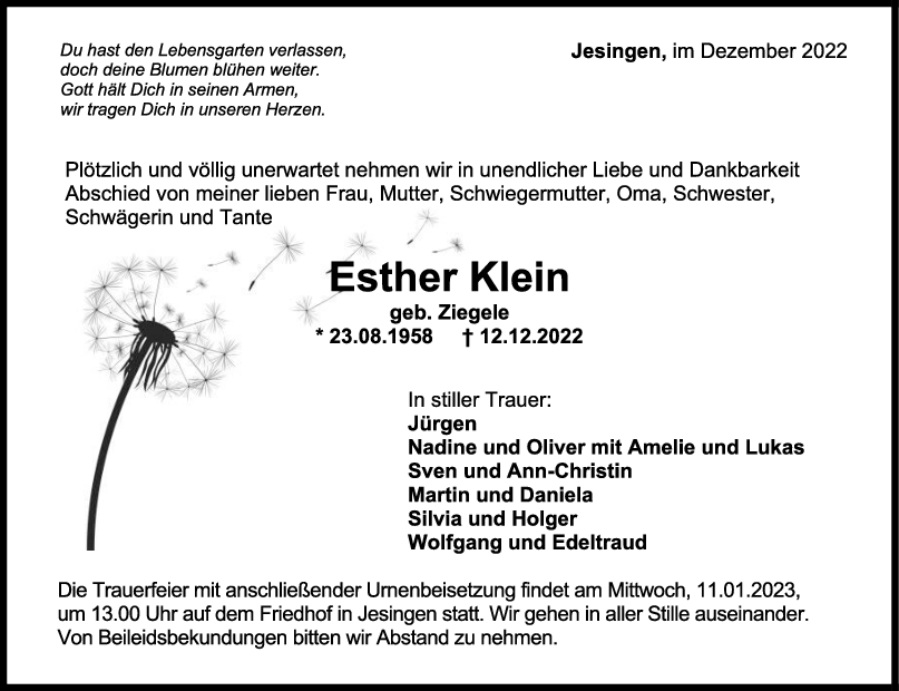 Trauer Esther Klein 31/12/2022
