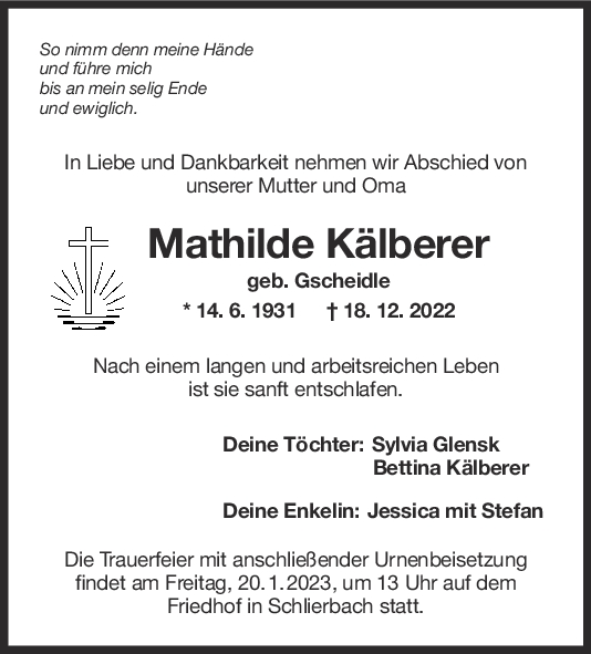 Trauer Mathilde Kälberer <br><p style=