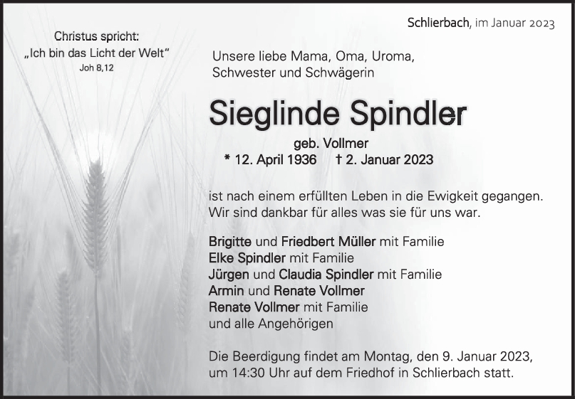 Trauer Sieglinde Spindler <br><p style=