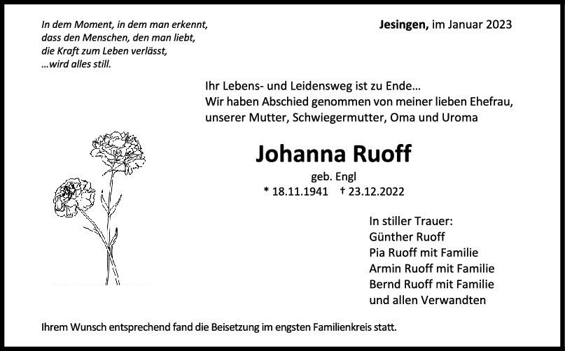 Trauer Johanna Ruoff 10/01/2023