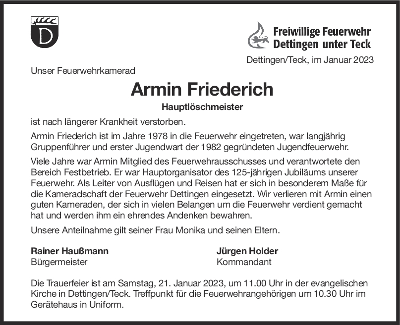 Nachruf Armin Friederich <br><p style=
