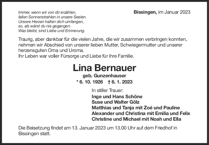 Trauer Lina Bernauer 11/01/2023