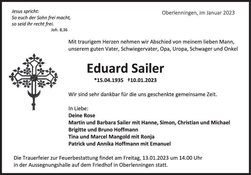 Trauer Eduard Sailer 11/01/2023