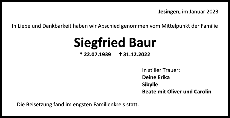 Trauer Siegfried Baur 14/01/2023
