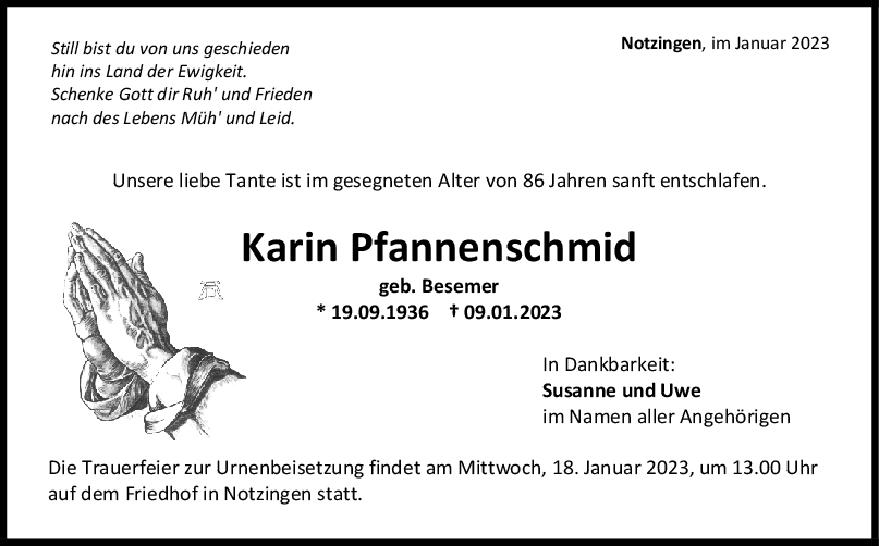 Trauer Karin Pfannenschmid <br><p style=