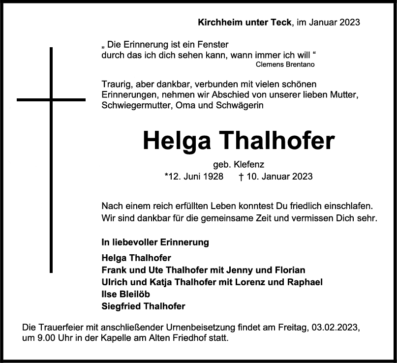Trauer Helga Thalhofer 14/01/2023
