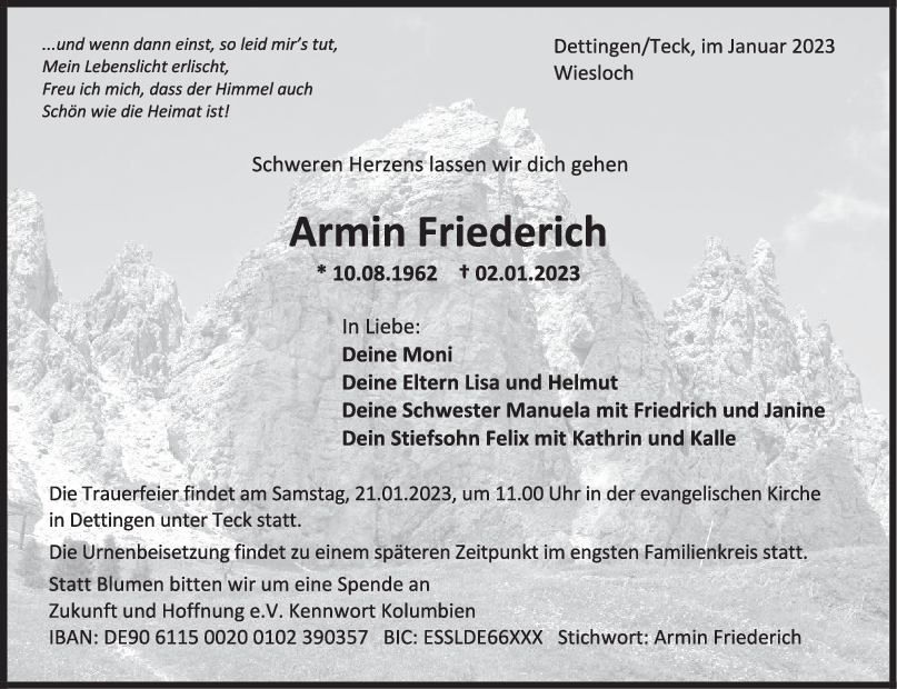 Trauer Armin Friederich <br><p style=