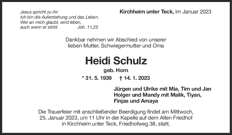 Trauer Heidi Schulz 18/01/2023