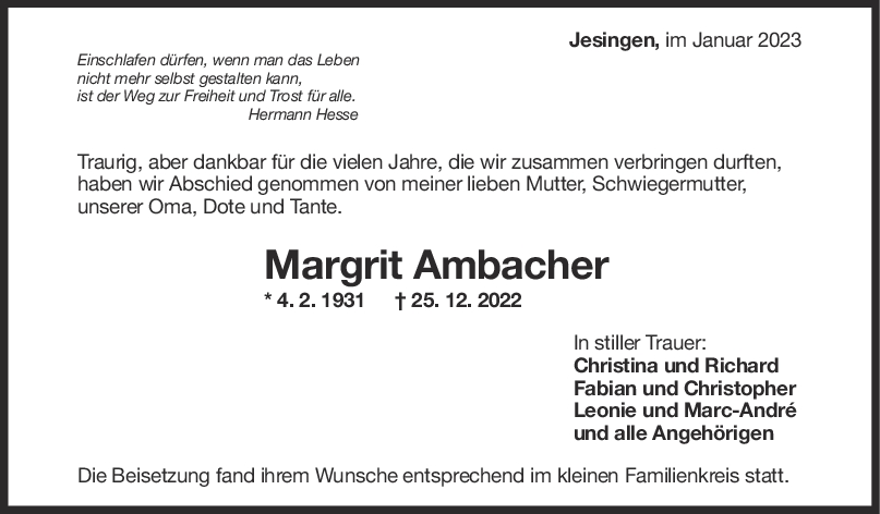 Trauer Margrit Ambacher <br><p style=