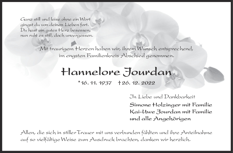 Trauer Hannelore Jourdan <br><p style=