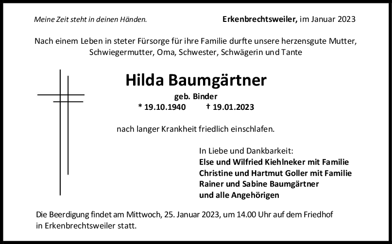 Trauer Hilde Baumgärtner 23/01/2023