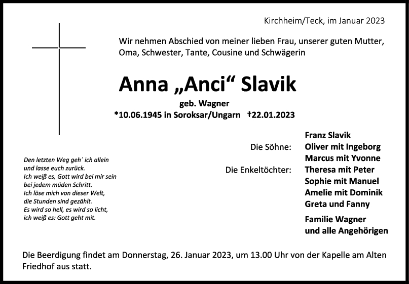 Trauer Anna Slavik 24/01/2023