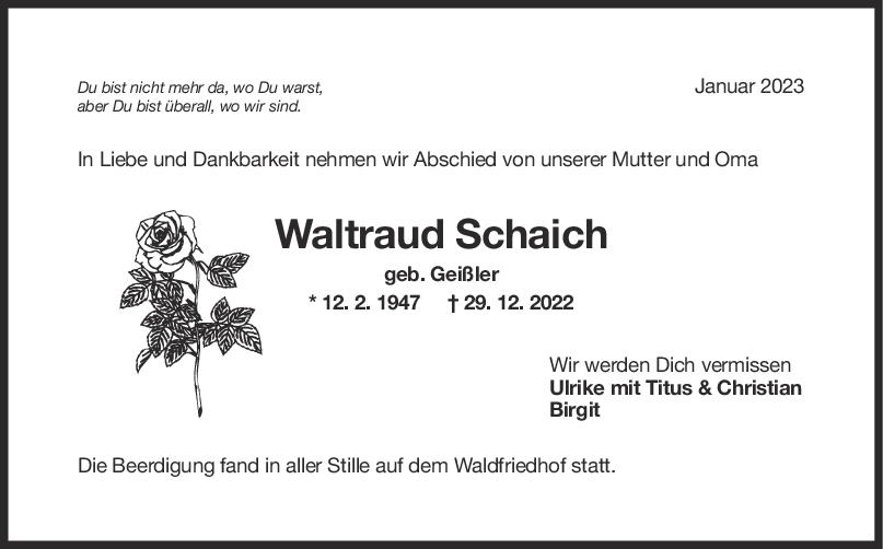 Trauer Waltraud Schaich 25/01/2023