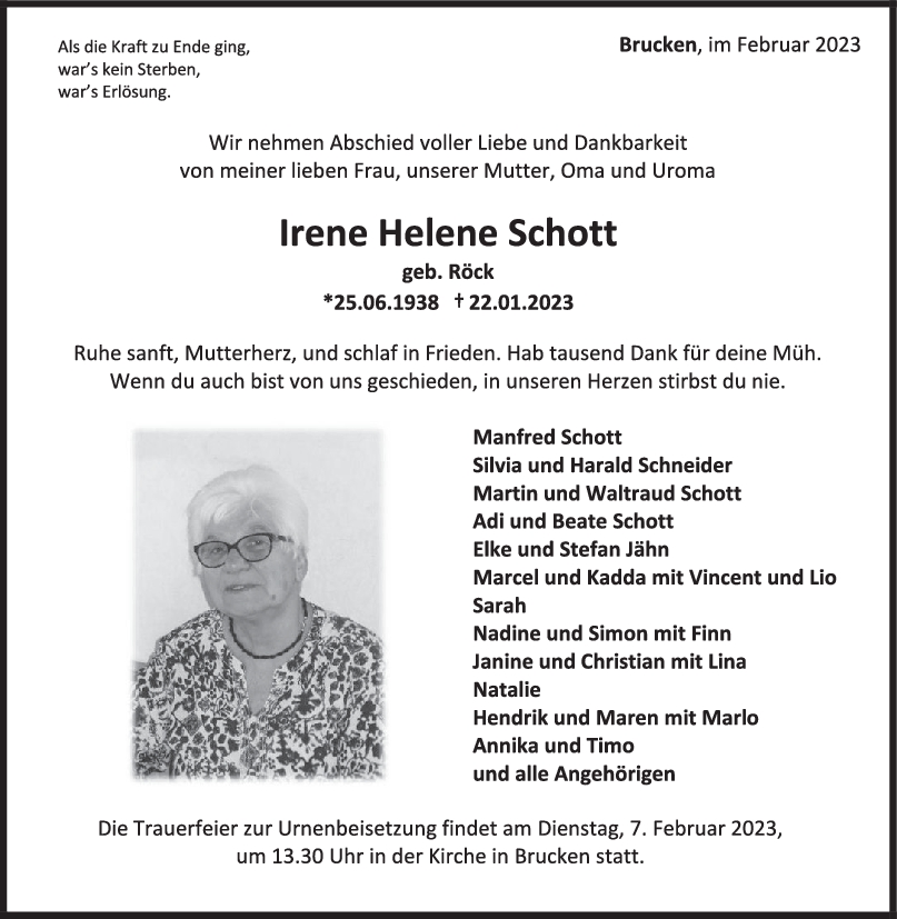 Trauer Irene Helene Schott <br><p style=