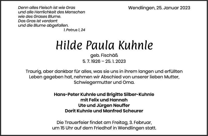 Trauer Hilde Paula Kuhnle 28/01/2023