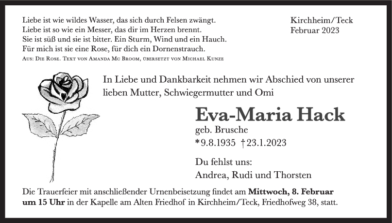 Trauer Eva-Maria Hack <br><p style=