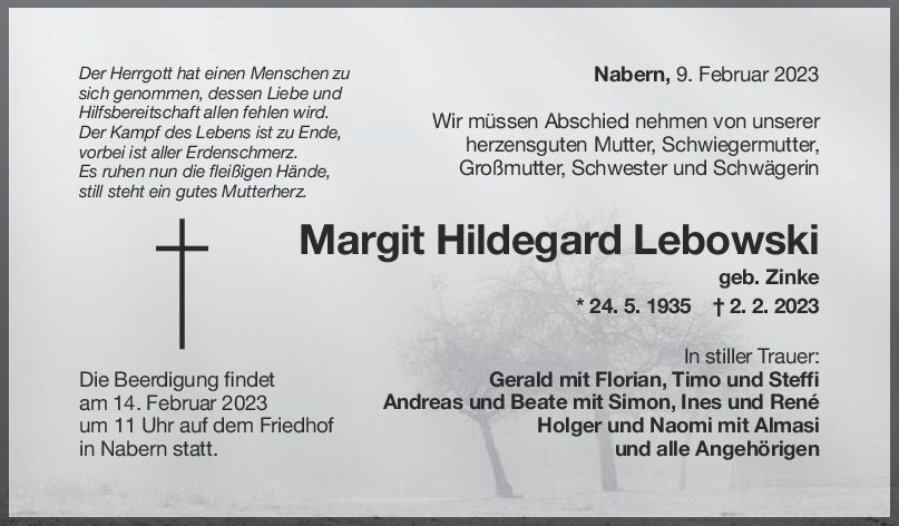 Trauer Margit Hildegard Lebowski 09/02/2023