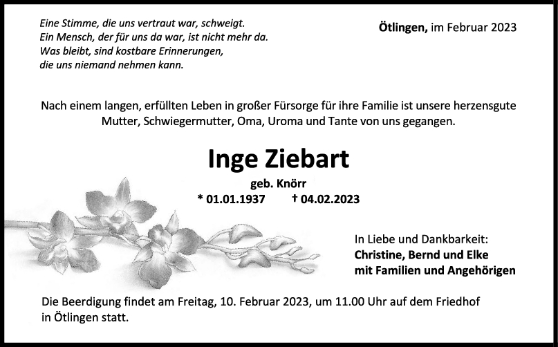 Trauer Inge Ziebart 08/02/2023