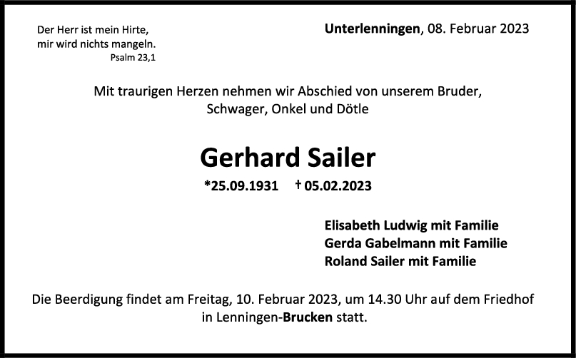 Trauer Gerhard Sailer 08/02/2023