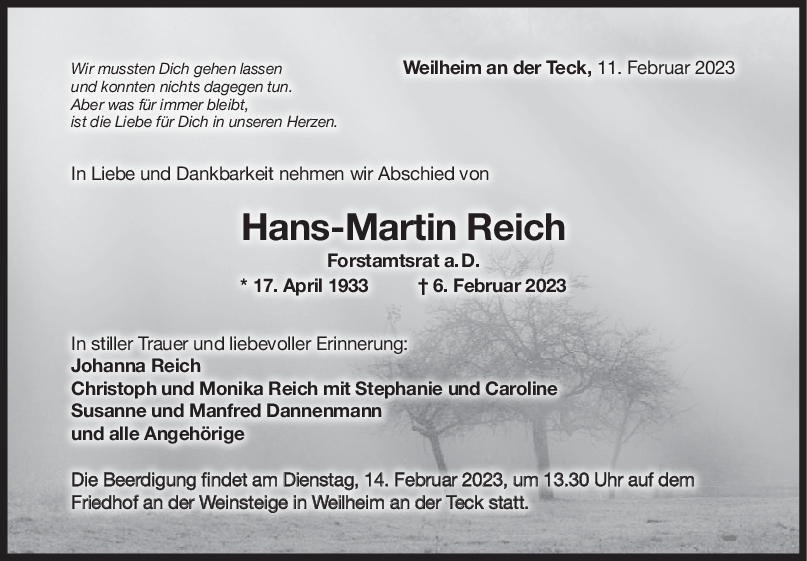 Trauer Hans-Martin Reich 11/02/2023