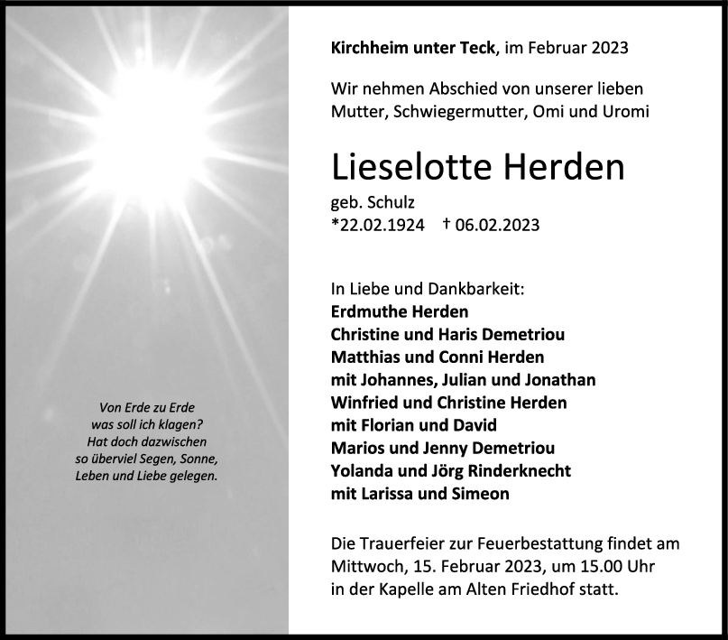Trauer Lieselotte Herden <br><p style=