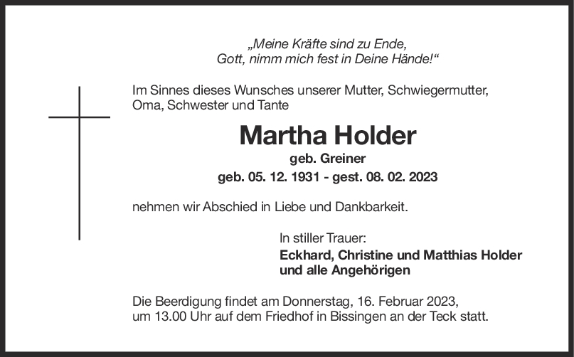 Trauer Martha Holder <br><p style=