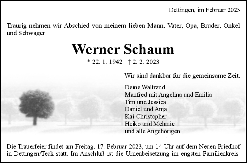 Trauer Werner Schaum 11/02/2023