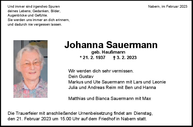 Trauer Johanna Sauermann 11/02/2023