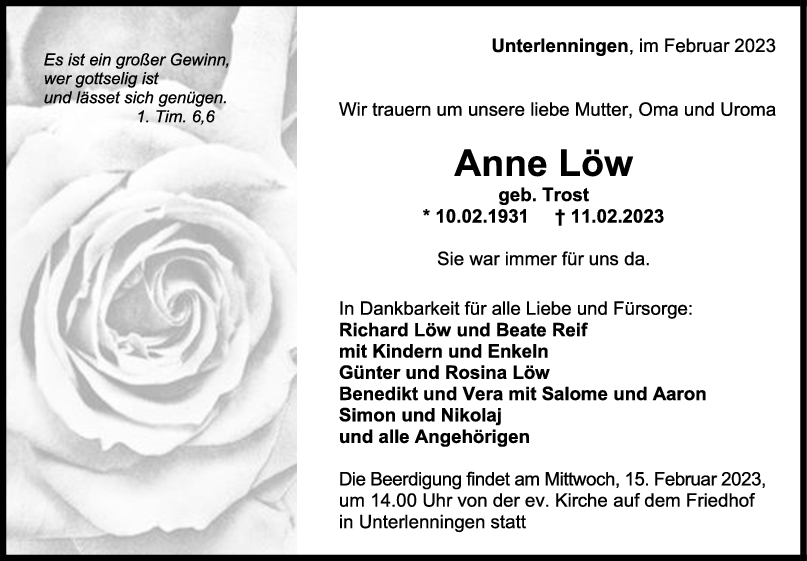 Trauer Anne löw <br><p style=