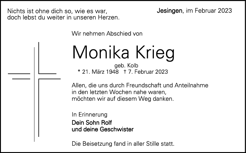 Trauer Monika Krieg 18/02/2023