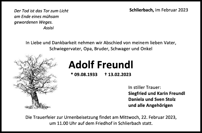 Trauer Adolf Freundl 18/02/2023