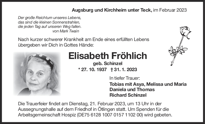 Trauer Elisabeth Fröhlich 18/02/2023